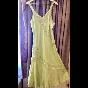 L Pyramid Cotton Linen Green Lined Sun Dress Fit 2 Flare Fitted Festival